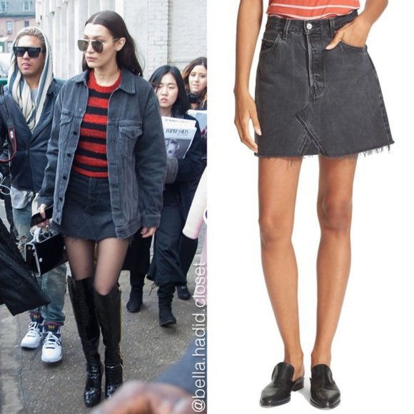 Button-Fly Distressed Raw Hem Denim Skirt
